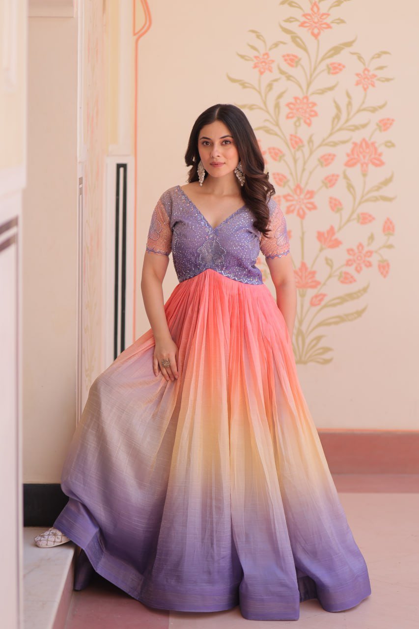 Women's Dual-Tone Ombre Gown in Candy Pink & Aqua Green with Embroidered Bodice – Festive & Contemporary Wear - Image 9