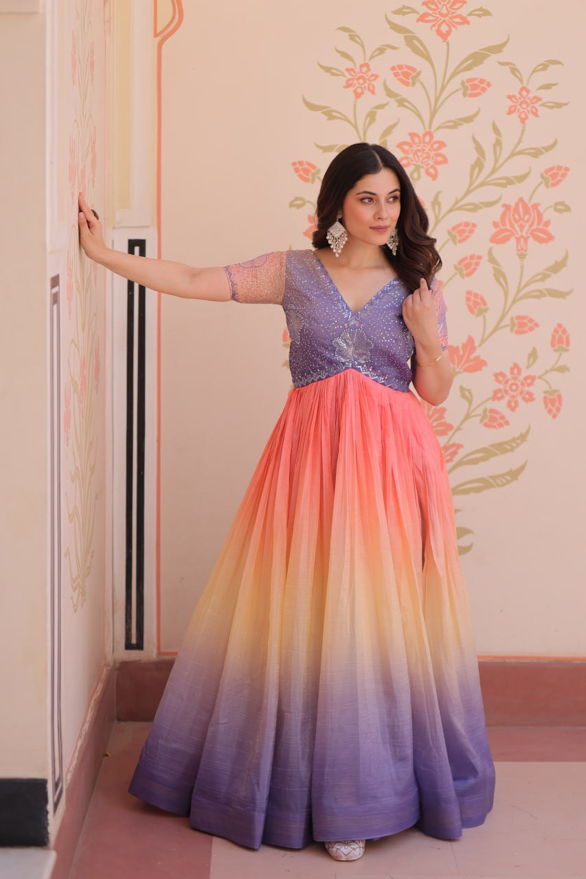 Women's Dual-Tone Ombre Gown in Candy Pink & Aqua Green with Embroidered Bodice – Festive & Contemporary Wear - Image 8