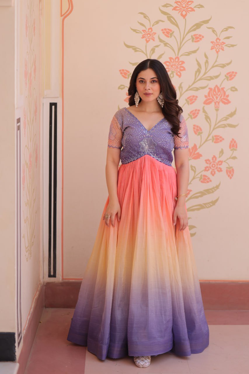 Women's Dual-Tone Ombre Gown in Candy Pink & Aqua Green with Embroidered Bodice – Festive & Contemporary Wear - Image 7