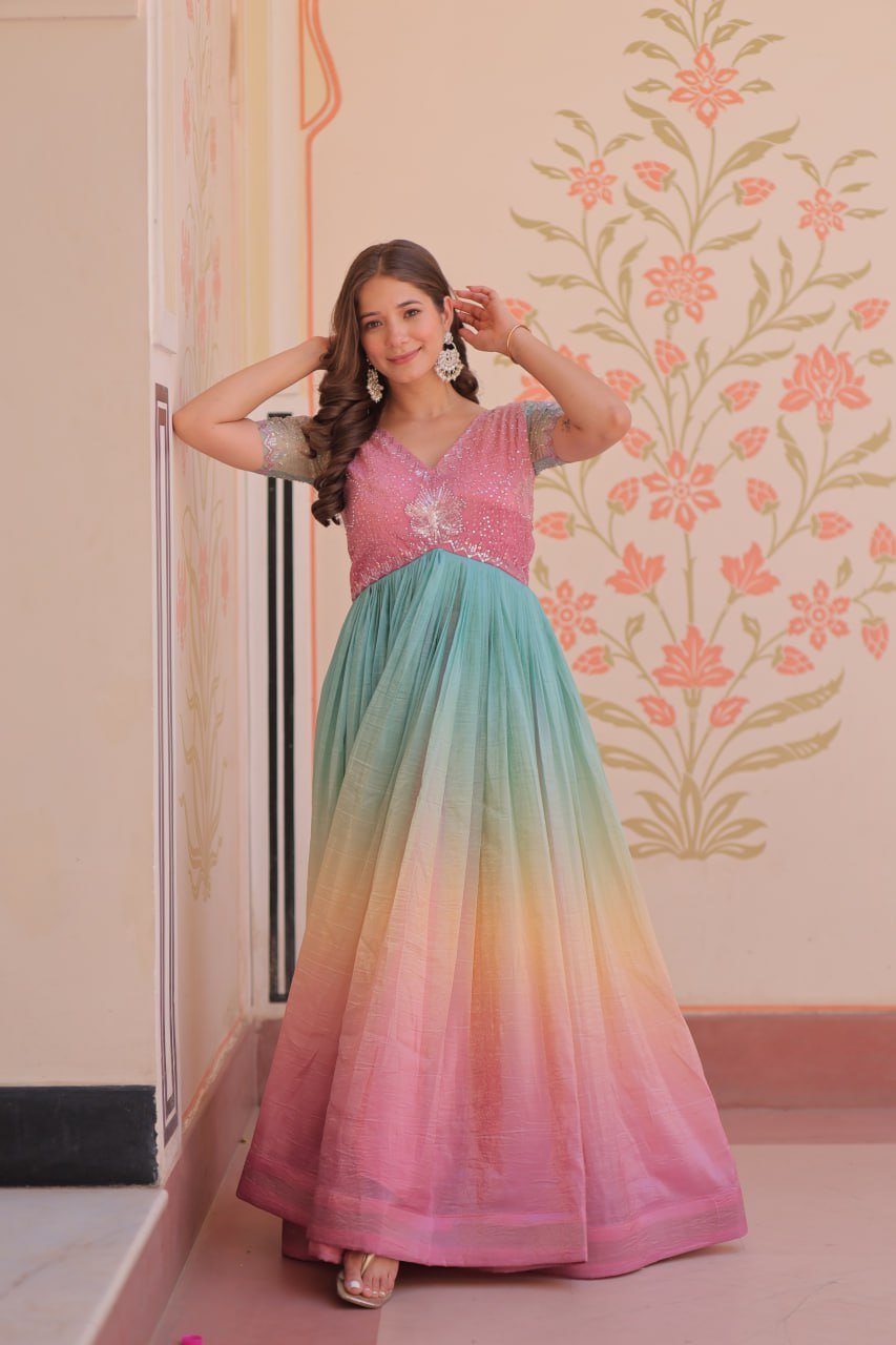 Women's Dual-Tone Ombre Gown in Candy Pink & Aqua Green with Embroidered Bodice – Festive & Contemporary Wear - Image 5