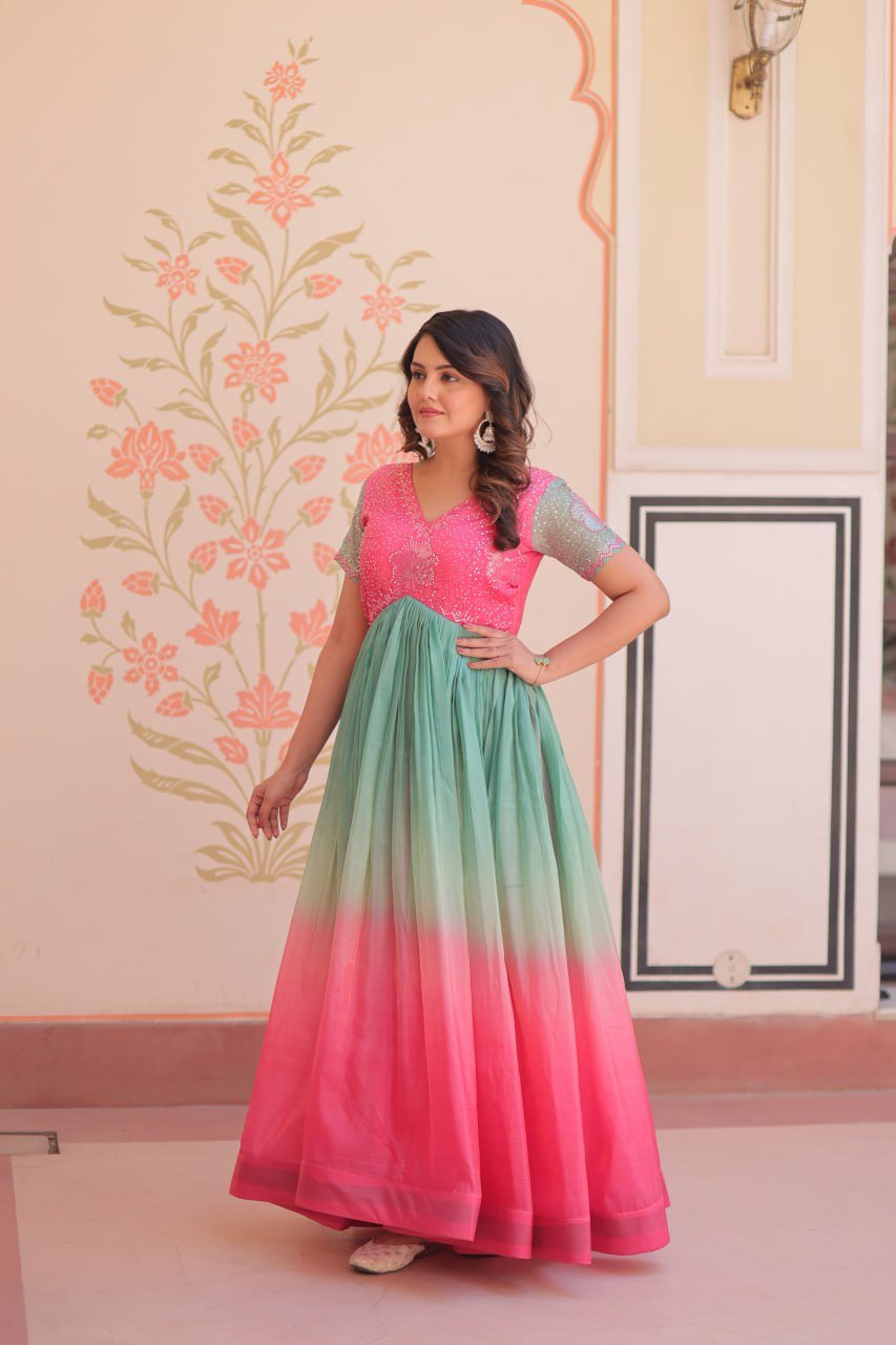 Women's Dual-Tone Ombre Gown in Candy Pink & Aqua Green with Embroidered Bodice – Festive & Contemporary Wear - Image 2