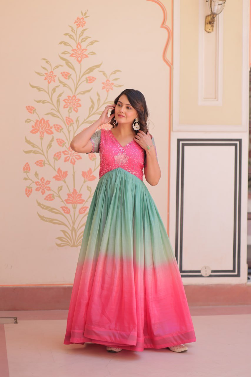 Women's Dual-Tone Ombre Gown in Candy Pink & Aqua Green with Embroidered Bodice – Festive & Contemporary Wear - Image 4