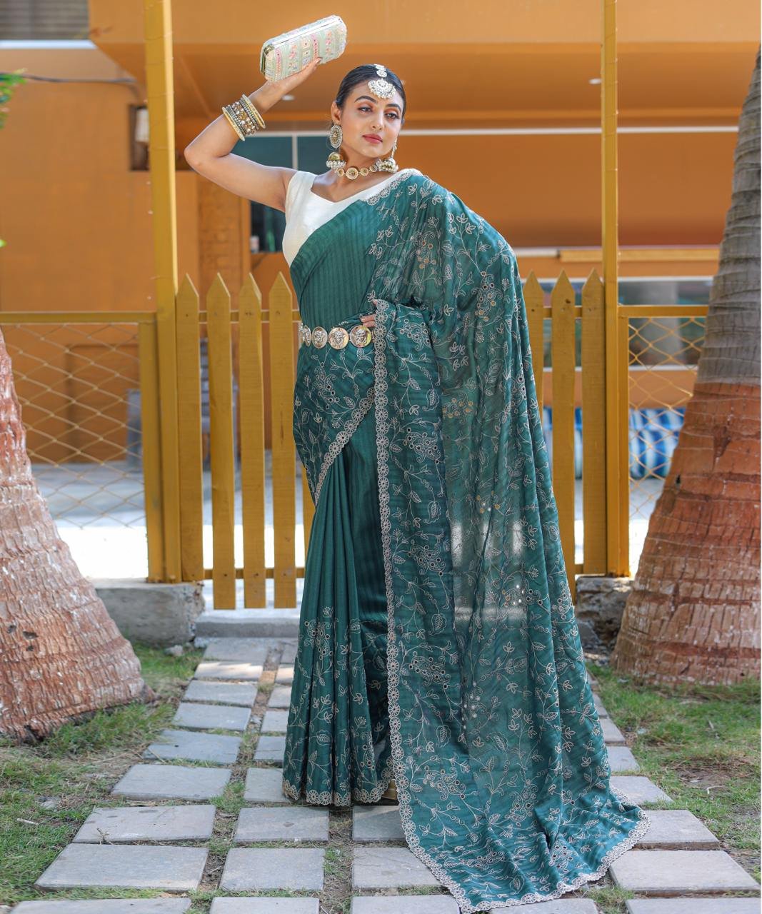 Women's Royal Prussian Blue Georgette Saree with Intricate Silver Thread & Mirror Work Embroidery – Perfect for Festive & Wedding Celebrations - Image 19