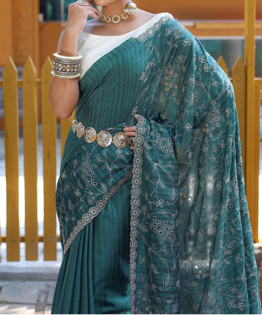 Women's Royal Prussian Blue Georgette Saree with Intricate Silver Thread & Mirror Work Embroidery – Perfect for Festive & Wedding Celebrations - Image 18