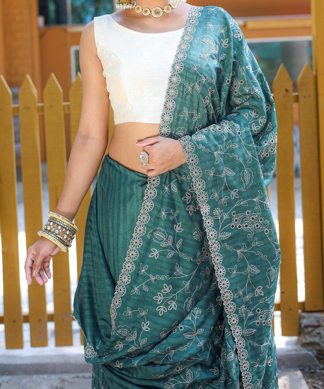 Women's Royal Prussian Blue Georgette Saree with Intricate Silver Thread & Mirror Work Embroidery – Perfect for Festive & Wedding Celebrations - Image 17