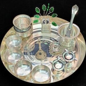 German silver Laxmi Ganesh engraved Pooja Set with Laxmi Charan